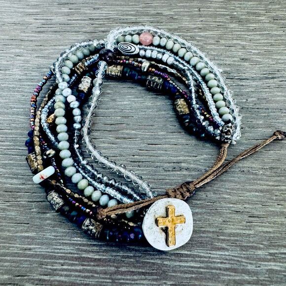 Christian Cross Multistrand Beaded Bracelet - Picture 1 of 2